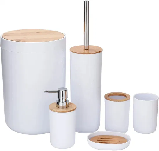 Accessoires de salle de bains en plastique, couvercle en bambou moderne pour ménage américain de luxe, 6 pièces